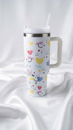 Happy Hearts & Smiles Print Tumbler – Large Stainless Steel Cup with Handle & Straw