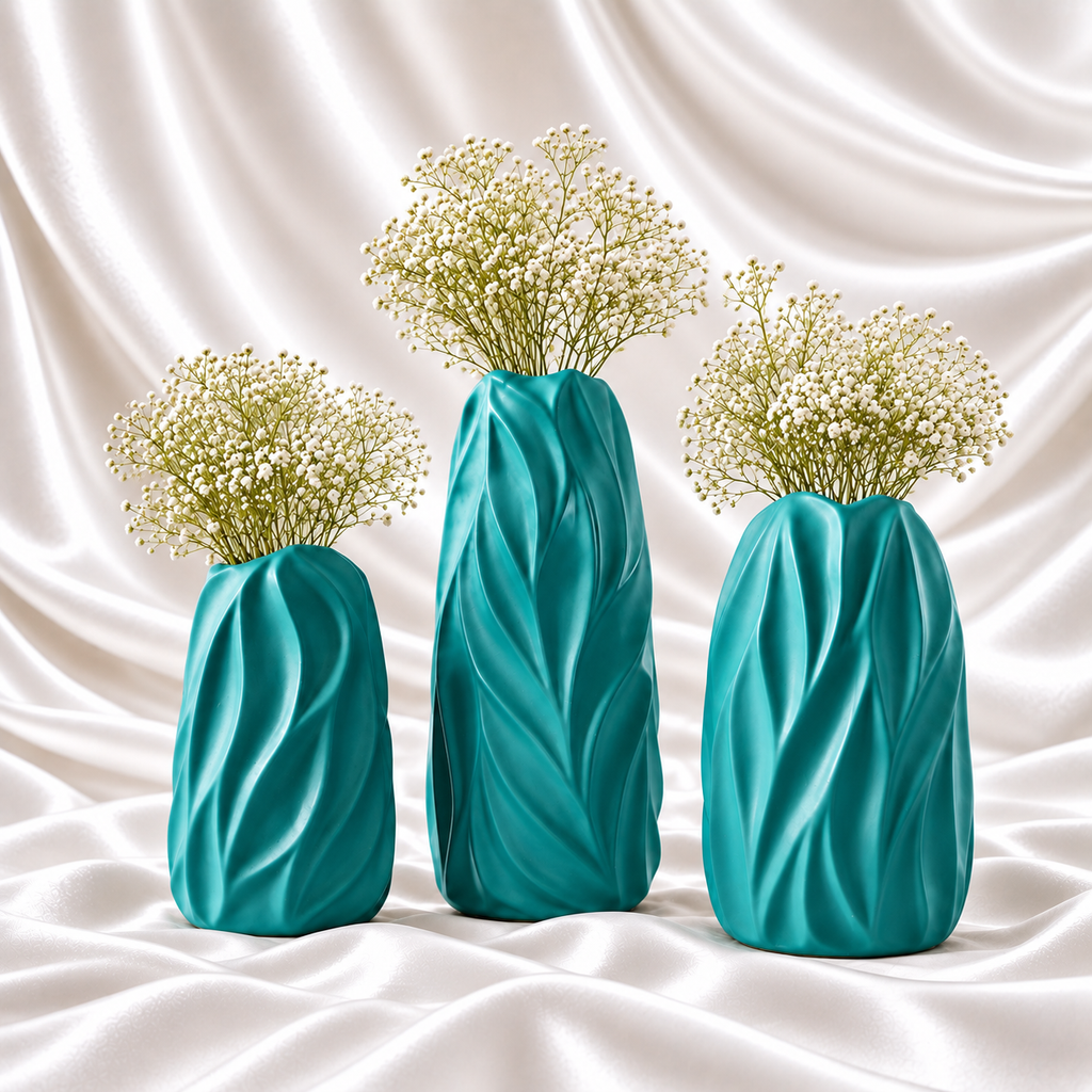 Set of three turquoise decorative vases with sculpted leaf patterns and white baby's breath flowers, displayed against white satin fabric.