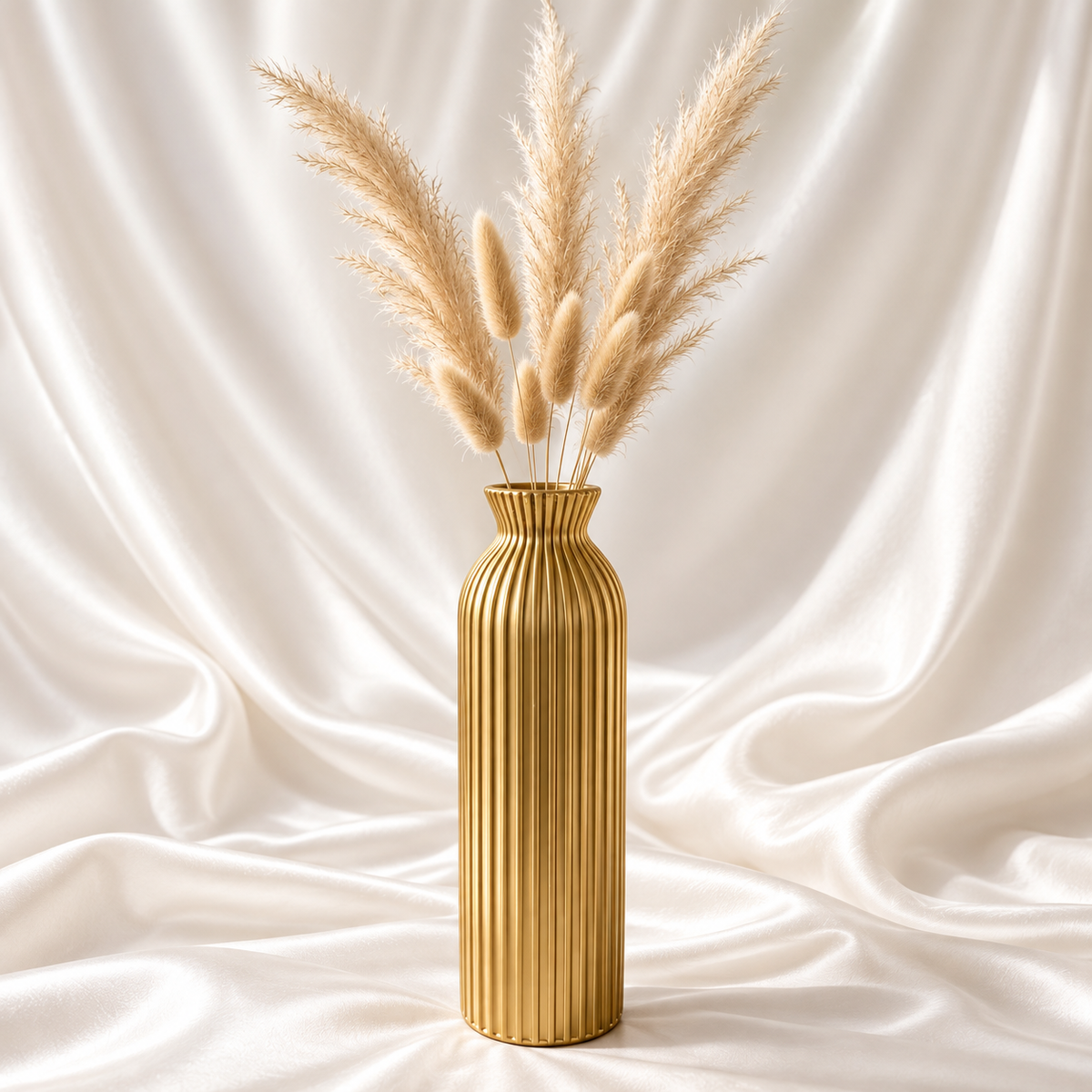 9-inch luxury gold ribbed tall decorative vase for modern home décor, styled with beige dried pampas stems.