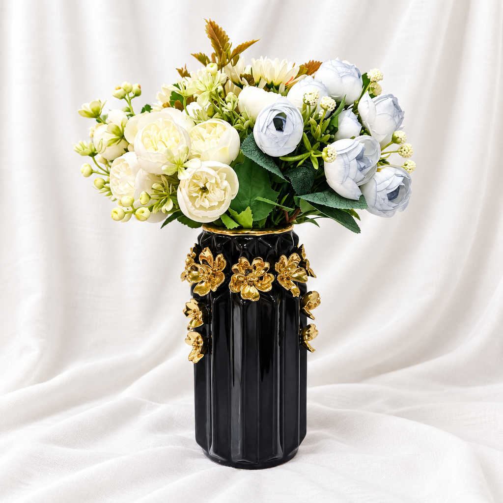 Luxury Gold Floral Decorative Vase Set with Artificial Flowers