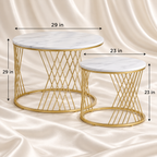 Decoreway gold round nesting coffee table set showing large table 29 x 29 inches and small table 23 x 23 inches with white marble-effect tops.