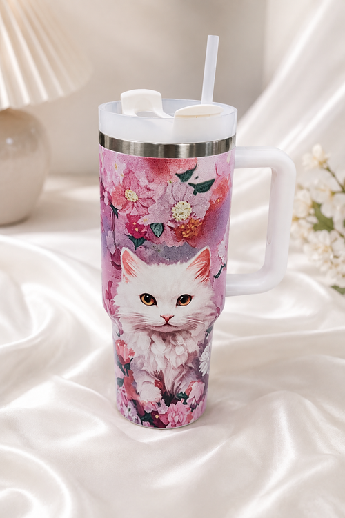 1.5L /  Stainless Steel Tumbler – Cute Prints, Handle & Straw – Keeps Hot/Cold