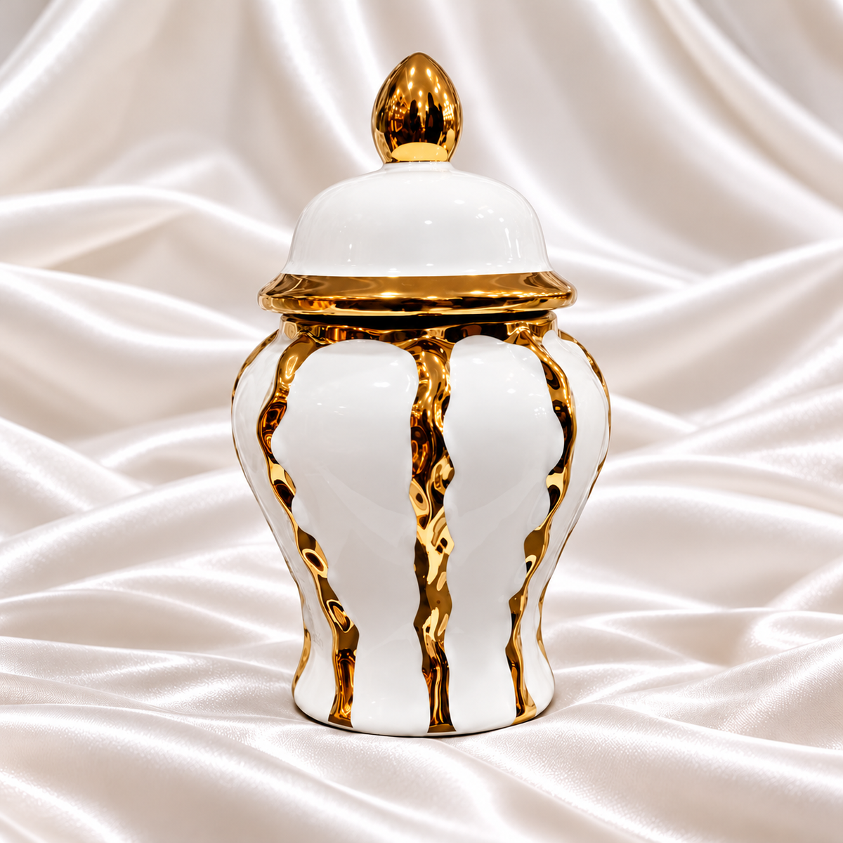 Single white decorative jar with a lid, raised panels, and gold-tone accents