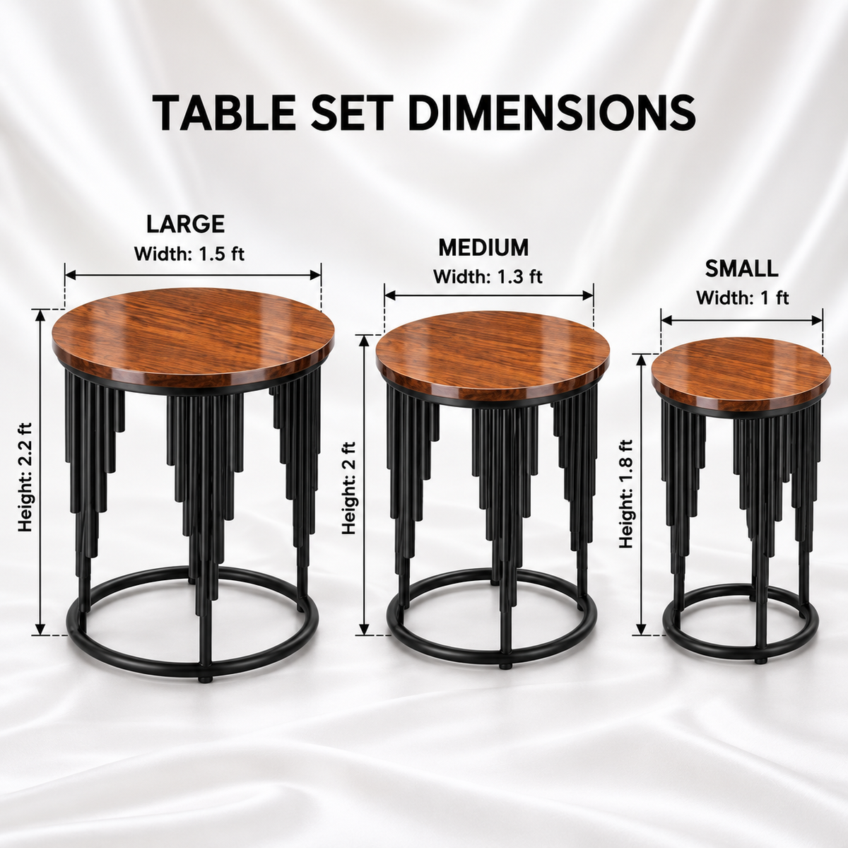 Cascade Fringe table sizes: large 1.5 ft wide by 2.2 ft high, medium 1.3 ft by 2 ft, and small 1 ft by 1.8 ft.