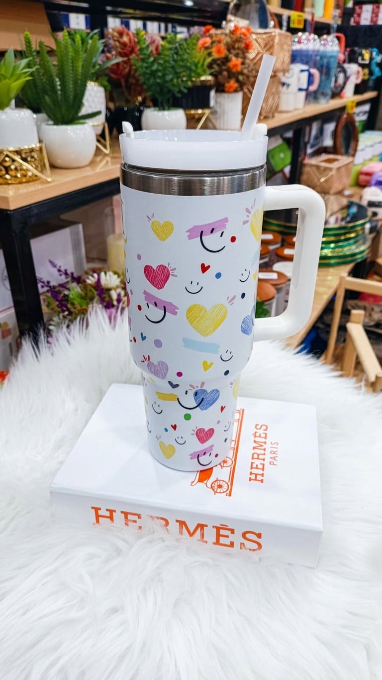 Happy Hearts & Smiles Print Tumbler – Large Stainless Steel Cup with Handle & Straw