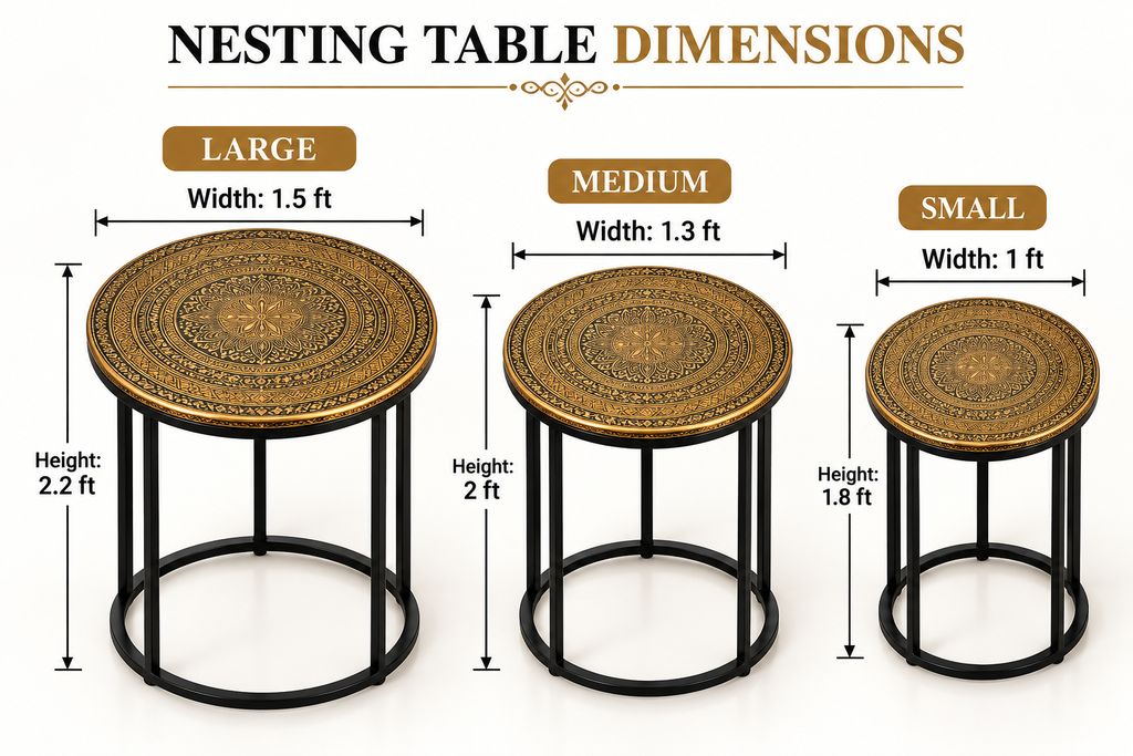 Gold Mandala Nesting Tables Set of 3 with black metal frames, showing large, medium and small table dimensions, widths and heights – Decoreway Pakistan
