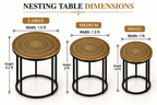 Gold Mandala Nesting Tables Set of 3 with black metal frames, showing large, medium and small table dimensions, widths and heights – Decoreway Pakistan