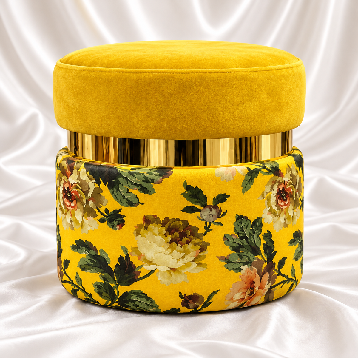Luxury mustard yellow floral velvet-style ottoman stool with reflective gold-tone band on white satin background – Decoreway