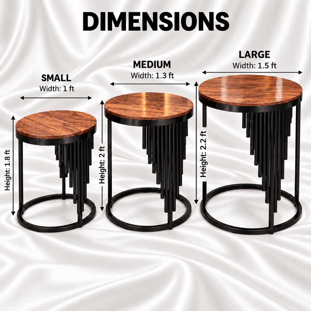 Cascade nesting table dimensions: large 1.5 ft wide by 2.2 ft high, medium 1.3 ft by 2 ft, and small 1 ft by 1.8 ft.