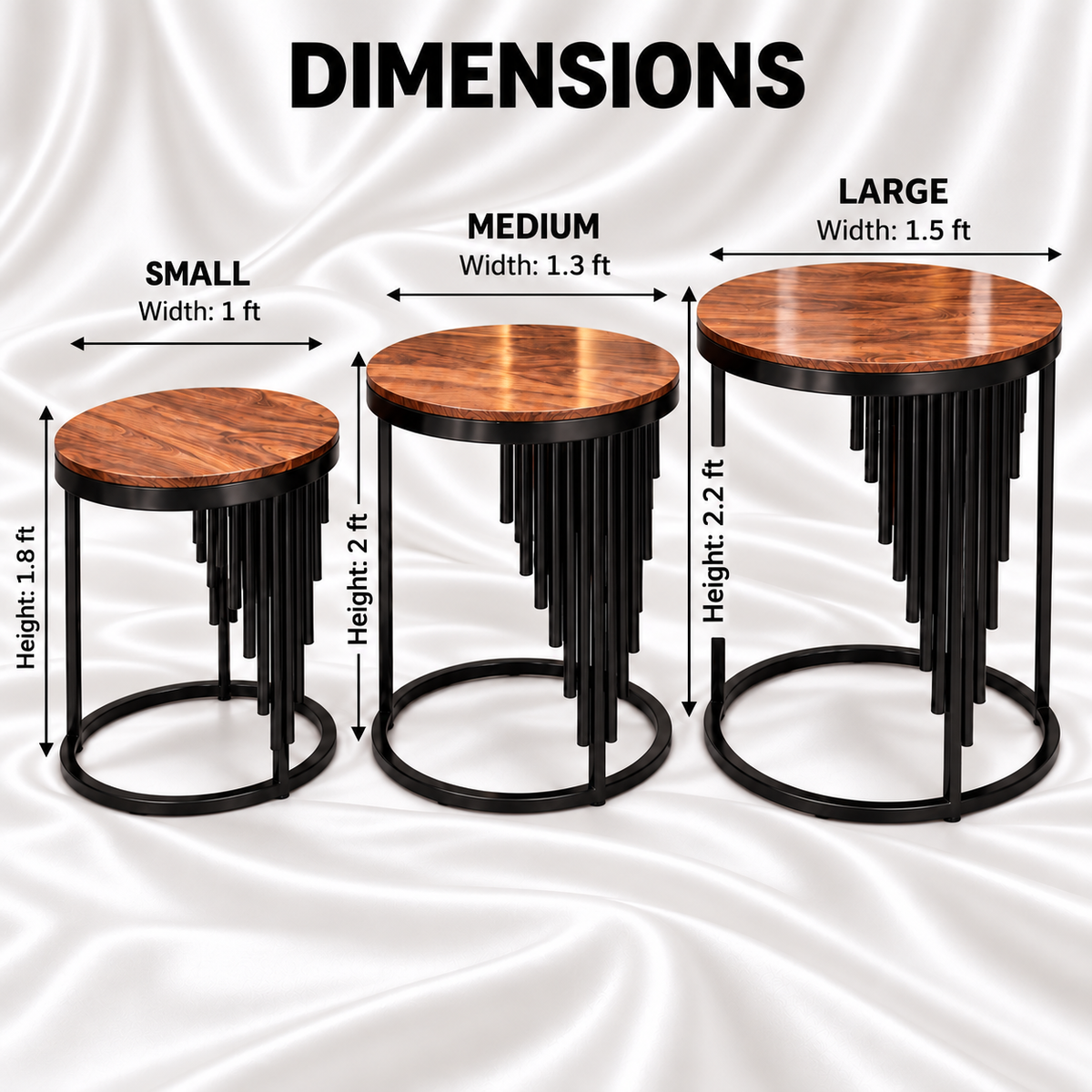 Cascade nesting table dimensions: large 1.5 ft wide by 2.2 ft high, medium 1.3 ft by 2 ft, and small 1 ft by 1.8 ft.